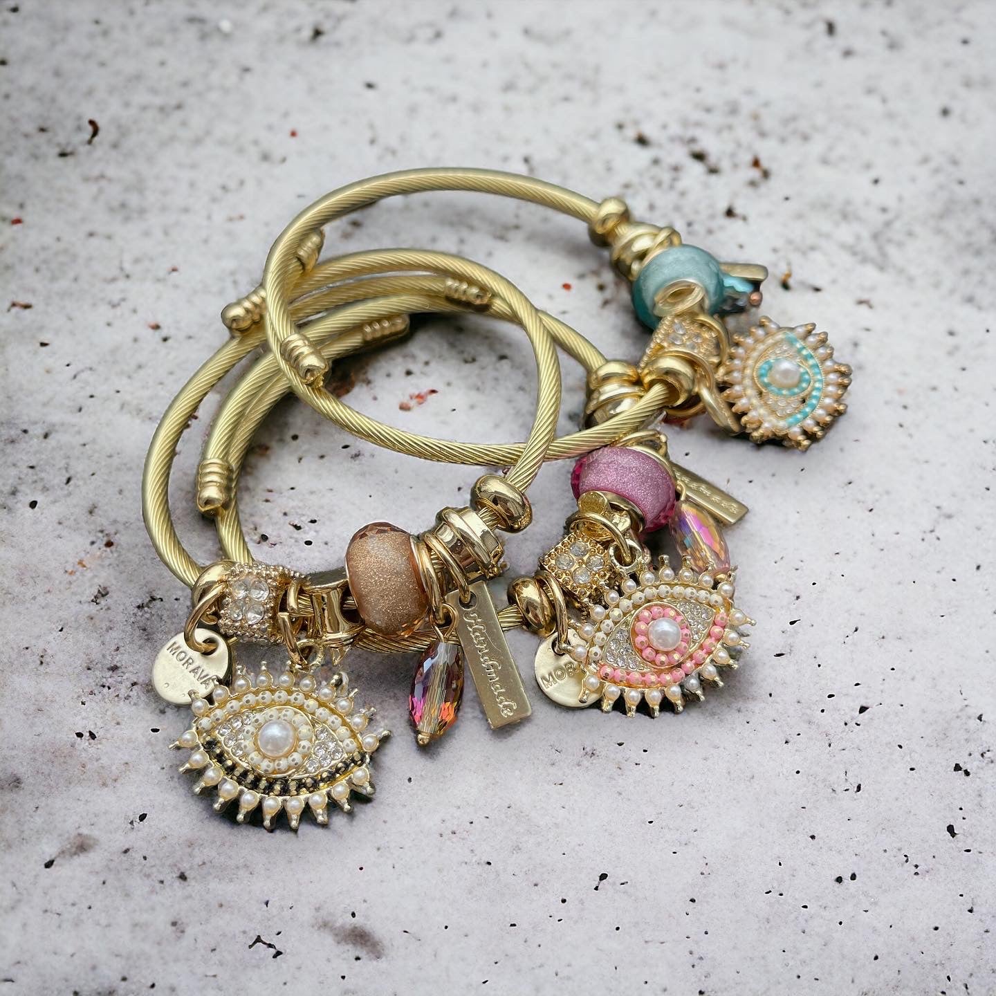 Evil Eye stretch 18k gold charm bracelet / Multiple Colors available