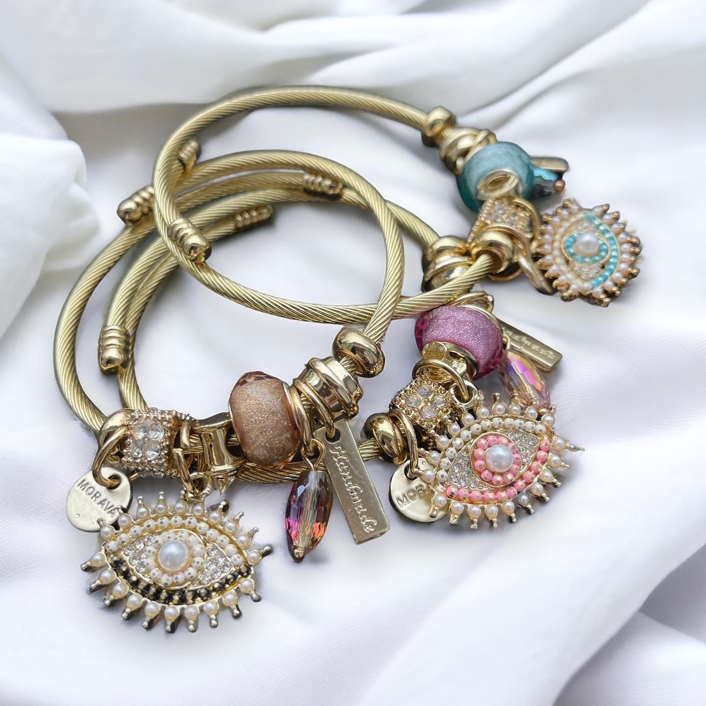 Evil Eye stretch 18k gold charm bracelet / Multiple Colors available