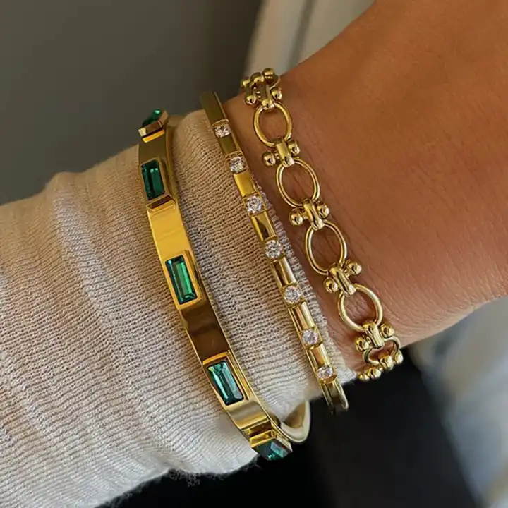 EMERALD || Green stone accents /  18 karat gold bangles (2 options)