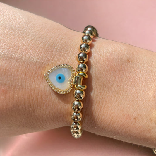 Evil Eye Gold Heart Pearlescent Charm Bracelet 6mm