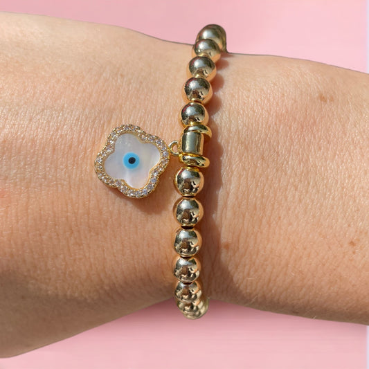 Evil Eye Clover Pearlescent Charm Bracelet 6mm