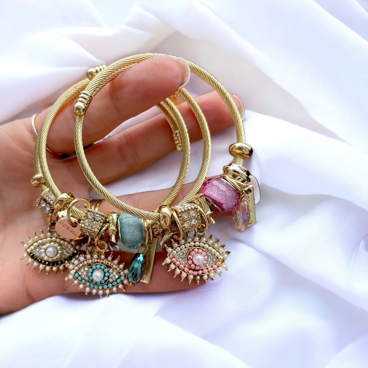 Evil Eye stretch 18k gold charm bracelet / Multiple Colors available