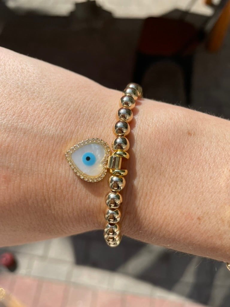 Evil Eye Gold Heart Pearlescent Charm Bracelet 6mm