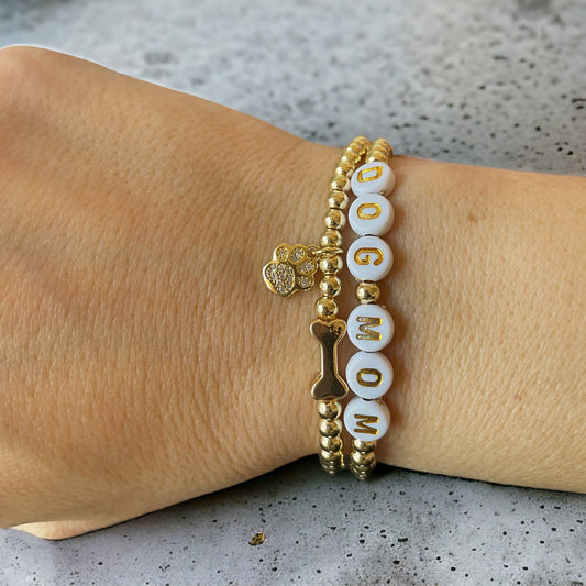 Dog Mom 18 karat Gold Beaded Charm Bracelet Set