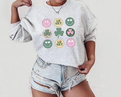 St. Patrick's Day Sweatshirt /  Groovy Smiley design sweatshirt / shamrock design sweatshirt crewneck