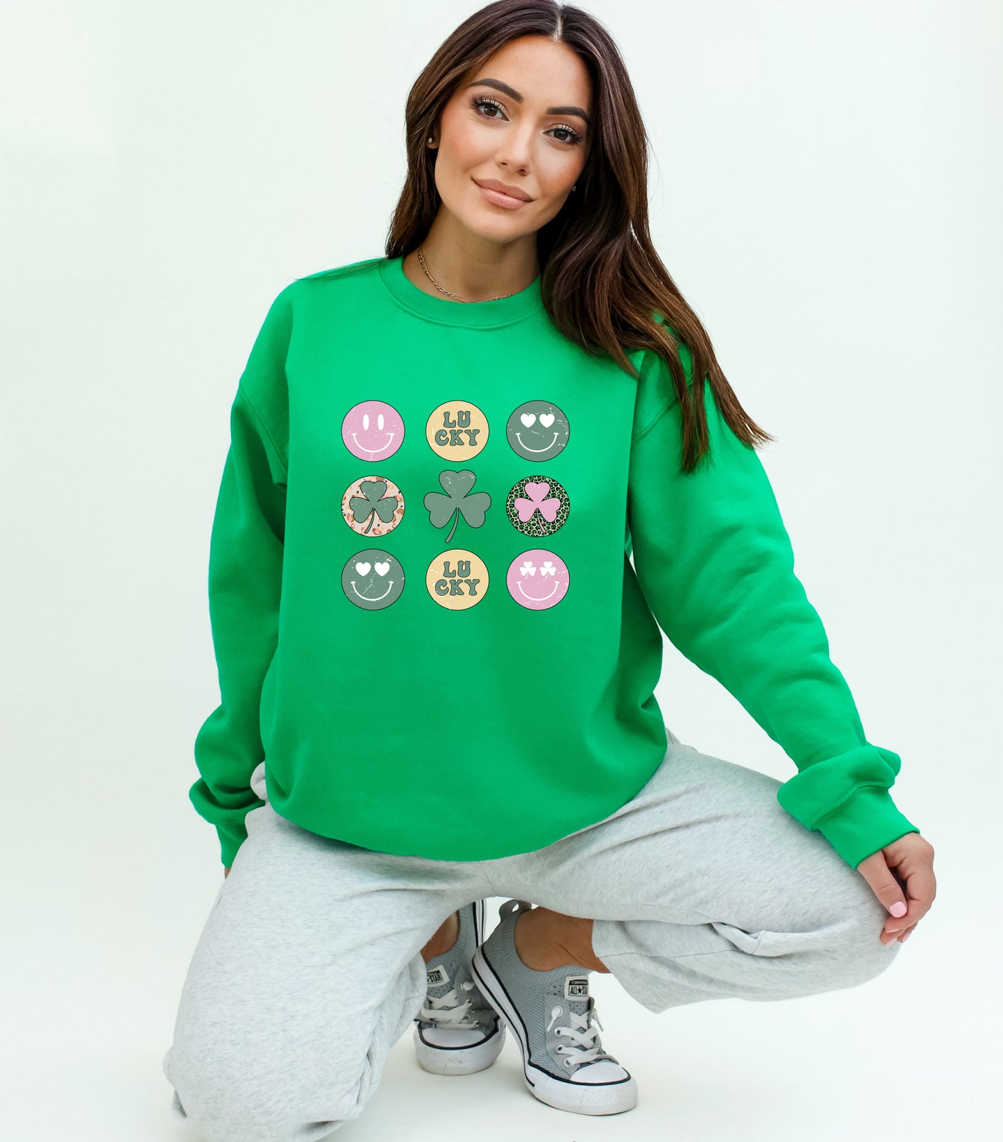 St. Patrick's Day Sweatshirt /  Groovy Smiley design sweatshirt / shamrock design sweatshirt crewneck
