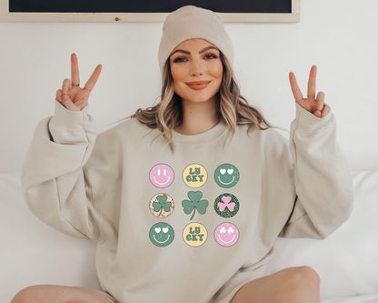 St. Patrick's Day Sweatshirt /  Groovy Smiley design sweatshirt / shamrock design sweatshirt crewneck