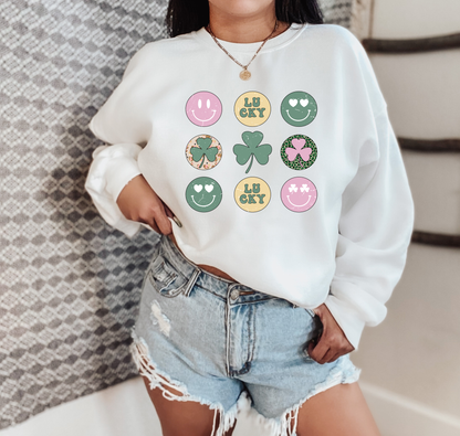 St. Patrick's Day Sweatshirt /  Groovy Smiley design sweatshirt / shamrock design sweatshirt crewneck