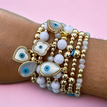 Evil Eye Gold Heart Pearlescent Charm Bracelet 6mm