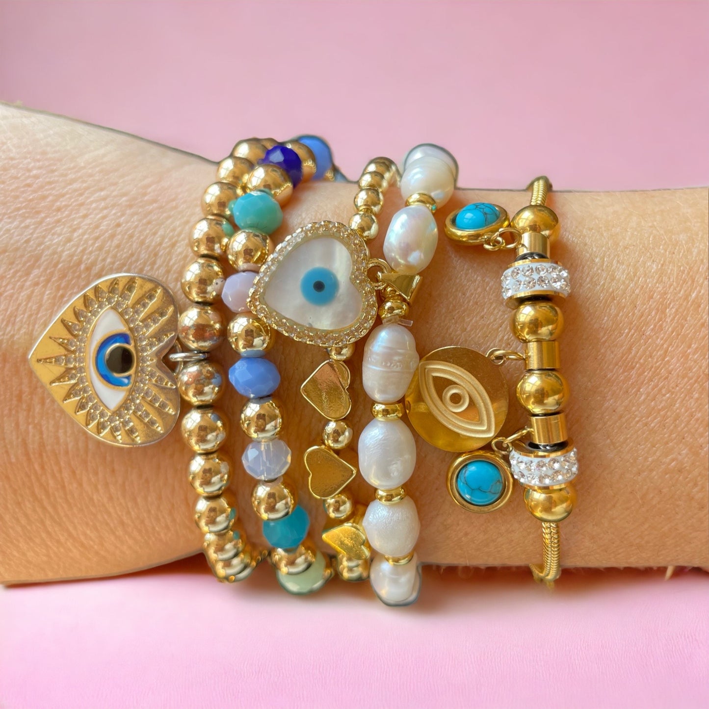 Evil Eye Gold Heart Pearlescent Charm Bracelet 6mm