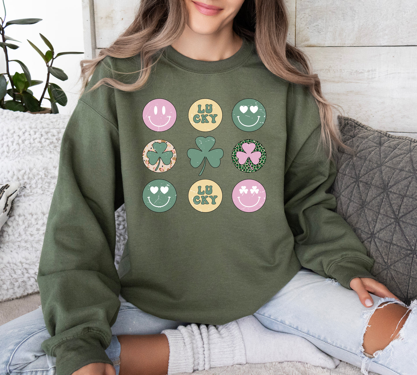 St. Patrick's Day Sweatshirt /  Groovy Smiley design sweatshirt / shamrock design sweatshirt crewneck